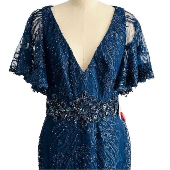 Mac Duggal 67493 Navy Blue Lace Beaded Sheer Flutter Sleeve Gown| Size 10 - Picture 9 of 14